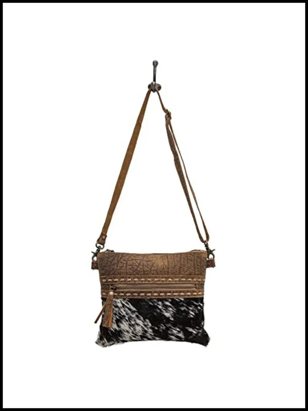 Cow Print Canvas Shoulder Bag with Leather Strap